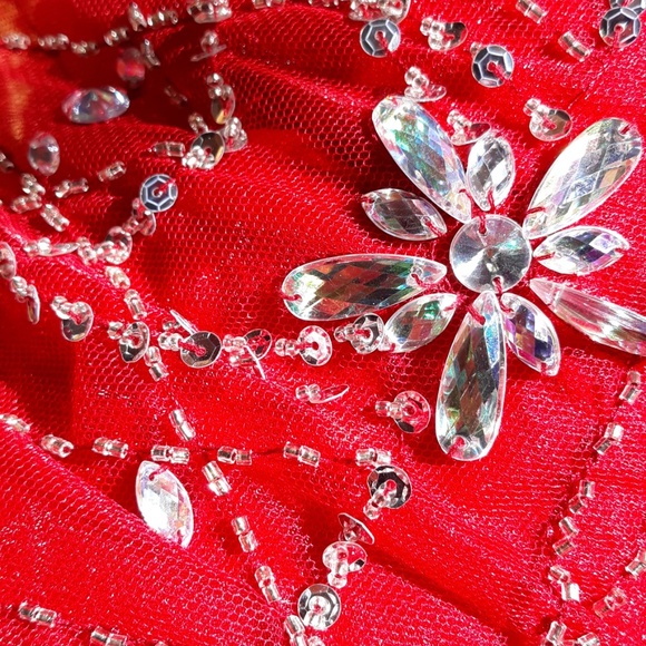 Red Prom Dress w Iridescent Beading & Strappy Back - Picture 6 of 7